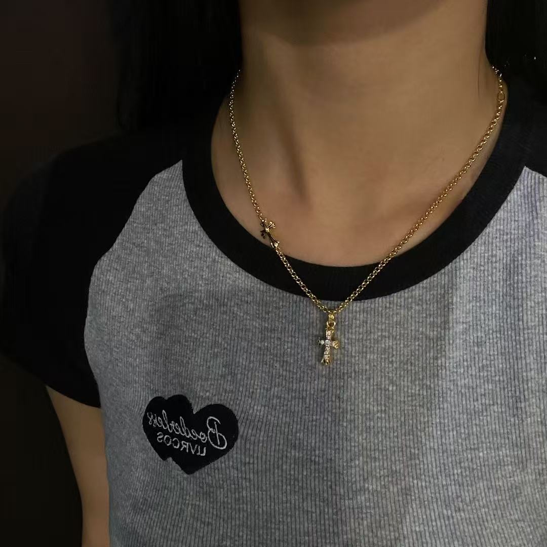 Golden Diamond Side Cross Necklace